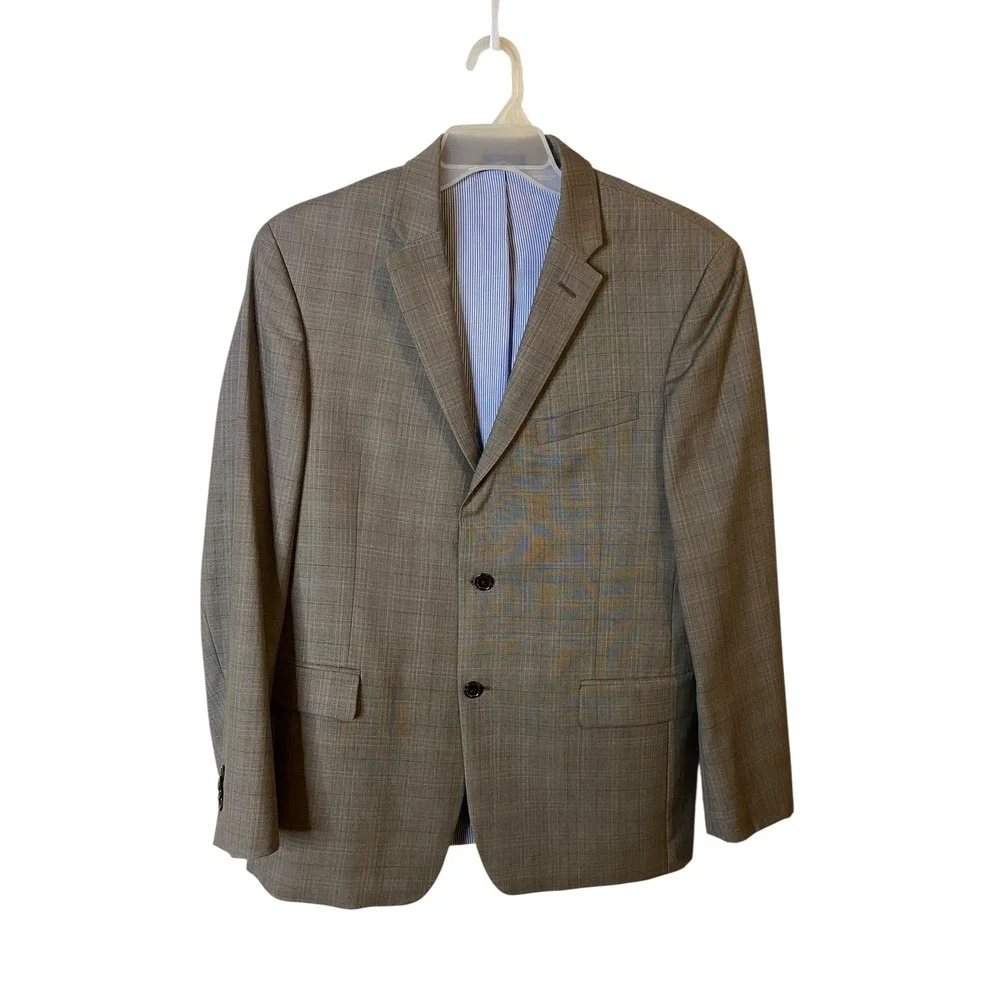 Tommy Hilfiger Mens Gray Plaid 100% Wool Blazer Sport Coat 40R Two Button